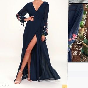 NWT Lulus My Angel Navy Blue Embroidered Long Sleeve Wrap Maxi Dress size XL